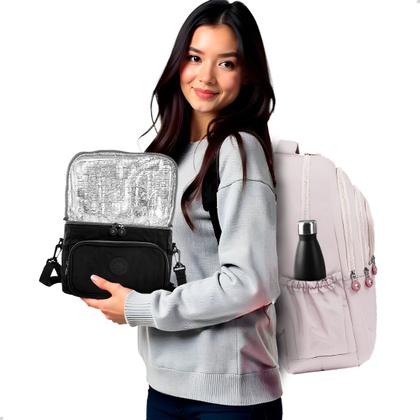 Imagem de Kit Escolar Mochila Feminina Espaçosa + Bolsa Térmica Marmita Pratico