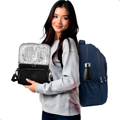 Imagem de Kit Escolar Mochila Feminina Espaçosa + Bolsa Térmica Marmita Pratico
