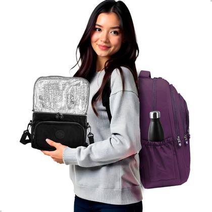 Imagem de Kit Escolar Mochila Feminina Espaçosa + Bolsa Térmica Marmita Pratico
