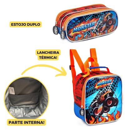 Imagem de Kit Escolar Mochila Rodinha Meninos Corrida Velozes Denlex