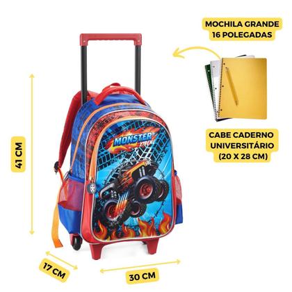 Imagem de Kit Escolar Mochila Rodinha Meninos Corrida Velozes Denlex