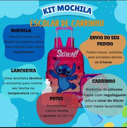 Imagem de Kit Escolar Mochila Rosa Stich De Carrinho Com Estojo e Lancheira Térmica