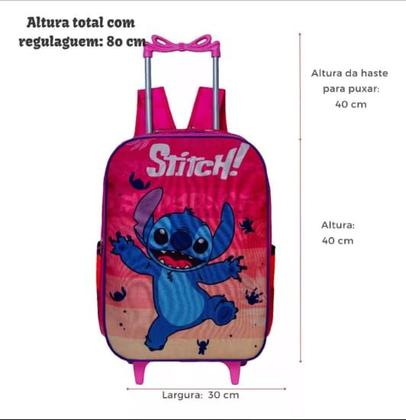 Imagem de Kit Escolar Mochila Rosa Stich De Carrinho Com Estojo e Lancheira Térmica