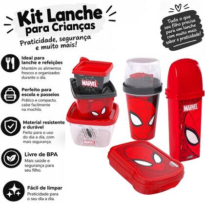 Imagem de Kit Escolar Porta Lanche Infantil Homem Aranha 6 Itens