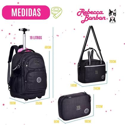 Imagem de Kit Escolar RB Mochila de Rodinha Lancheira Térmica Estojo Rebecca Bonbon para Menina Criança Aula Material Alças Confortáveis