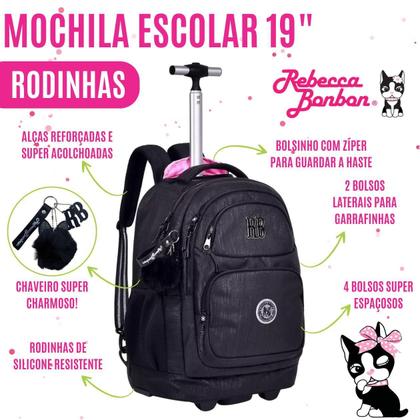 Imagem de Kit Escolar RB Mochila de Rodinha Lancheira Térmica Estojo Rebecca Bonbon para Menina Criança Aula Material Alças Confortáveis