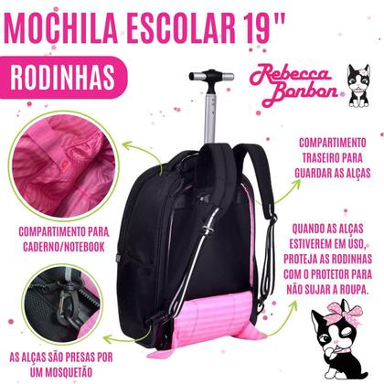 Imagem de Kit Escolar RB Mochila de Rodinha Lancheira Térmica Estojo Rebecca Bonbon para Menina Criança Aula Material Alças Confortáveis