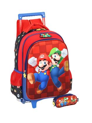 Imagem de Kit Escolar Super Mario Mochila Roda + Estojo Triplo - Preto