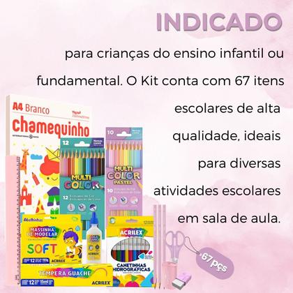 Imagem de Kit Escolar Volta As Aulas Infantil 67 itens Tons Pastéis Ensino Fundamental ou Infantil Faber Acrilex Chamequinho