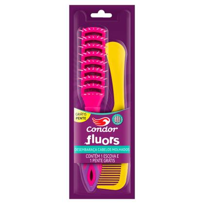 Imagem de Kit Escova Condor Fluors Desembaraça Cabelo Molhado Escova Pente