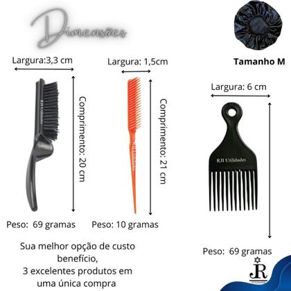 Imagem de Kit Escova de Cabelo 5 Fileiras + Pente 3 Fileiras Fitagem + Touca de Cetim Preta + Pente Garfo