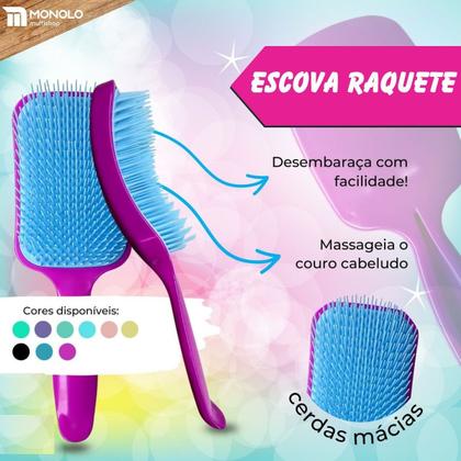 Imagem de Kit Escova Raquete + Escova Polvo Cabelo Cacheado Liso Ondulado Encaracolado Desembaraçadora Monolo