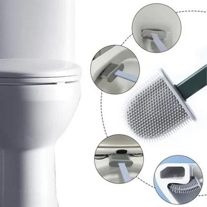 Imagem de Kit escova sanitária silicone flexível com suporte fixador de parede