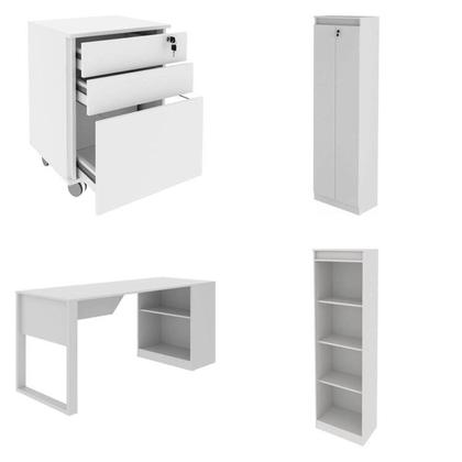 Imagem de Kit Escritório 5 Peças com 1 Escrivaninhas, 1 Gaveteiro, 1 Estante e 2 Armários Multiuso