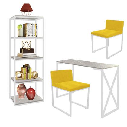 Imagem de Kit Escritório Bex 2 Cadeiras Suede Amarelo com 1 Mesa e 1 Livreiro Ferro Branco MDF Marmorizado Cinza - Ahazzo Móveis