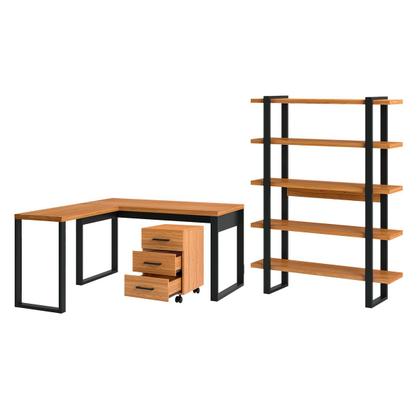 Imagem de Kit Escritório Escrivaninha L com Estante e Gaveteiro em MDF Freijó Preto Pradel