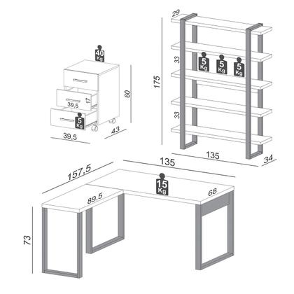 Imagem de Kit Escritório Escrivaninha L com Estante e Gaveteiro em MDF Freijó Preto Pradel
