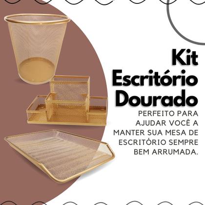Imagem de Kit Escritório Lixeira, Organizador De Mesa, Bandeja A4 Documento Arquivo Dourado