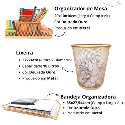 Imagem de Kit Escritório Lixeiras Organizador de Mesa Bandeja Organizadora Dourado