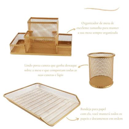 Imagem de Kit Escritório Porta Caneta, Organizador de Mesa, Bandeja Organizadora Dourado