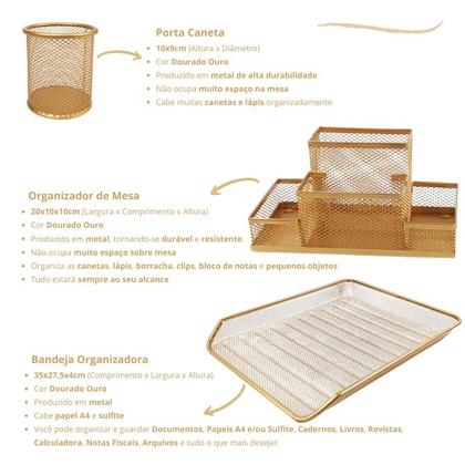 Imagem de Kit Escritório Porta Caneta Organizador Mesa Bandeja Dourado