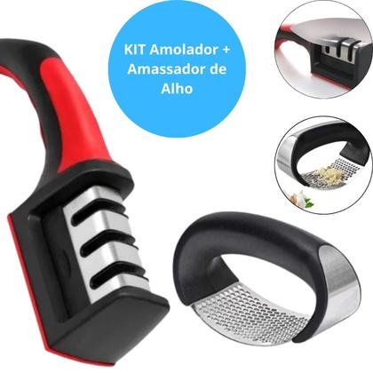 Imagem de Kit Esmagador Alho Amassador Triturador Inox + Amolador