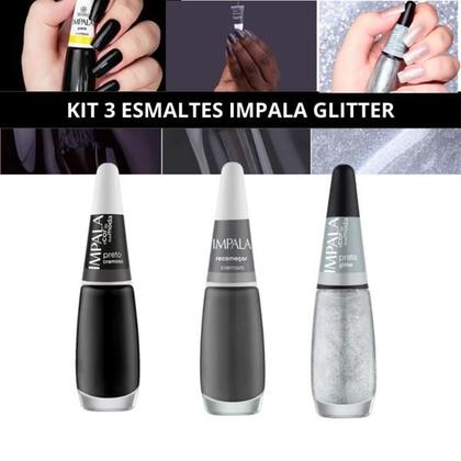 Imagem de Kit Esmalte Impala Atacado Tons Branco Prata Glitter Cremoso Impala