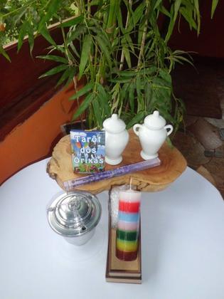 Imagem de Kit Esotérico Tarô Rituais Sagrado oraculos Umbanda Quartinha fem masc Vela Baralho Orixas Turibulo Incenso Cx MDF