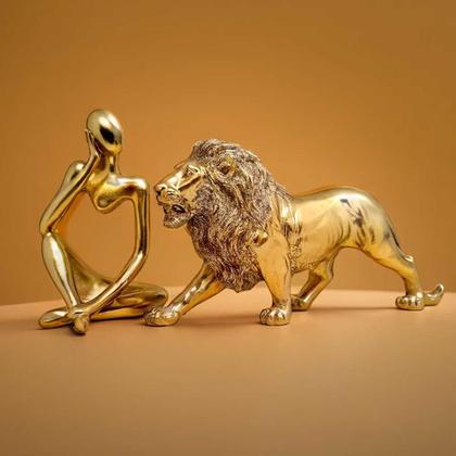 Imagem de Kit Estátua Decorativa Figura Abstrata Homem Pensador + Leão Enfeite Escultura Mesa Sala Decoração Escritório