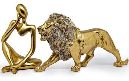 Imagem de Kit Estátua Decorativa Figura Abstrata Homem Pensador + Leão Enfeite Escultura Mesa Sala Decoração Escritório