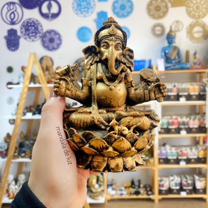 Imagem de Kit Estátua Ganesha + Buda Hindu + 2 Castiçais Incensários Resina Dourado Combo