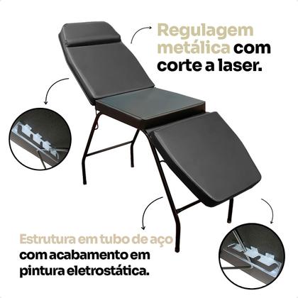 Imagem de Kit Estética Maca 3 posições, Mocho, Escada e Carrinho Preto Consultório Stúdio Clínica Tatuagem
