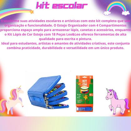 Imagem de Kit Estojo Escolar com 4 Compartimentos Mais Kit Lápis de Cor Estojo com 18 Peças