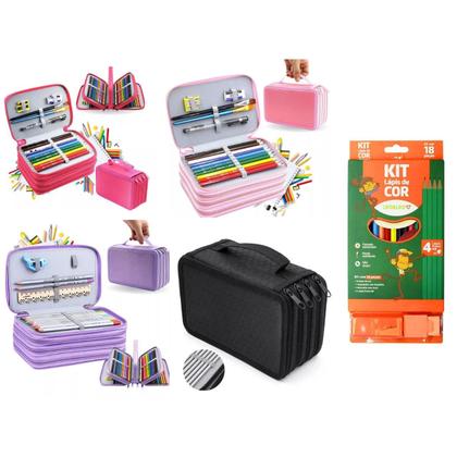 Imagem de Kit Estojo Escolar com 4 Compartimentos Mais Kit Lápis de Cor Estojo com 18 Peças
