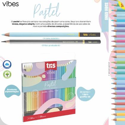 Imagem de Kit Estojo Lápis de Cor Tris Vibes Pastel 24 Cores Macio + 1 Lápis 6B