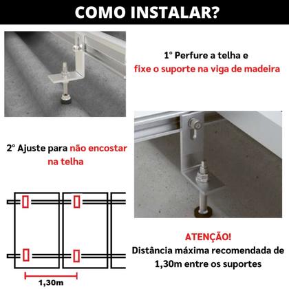 Imagem de Kit Estrutura Suporte Fixador Linha C P/ 03 Placas Solar Alumínio Inox Telha Fibro Ondulada Viga Madeira  Perfil Master