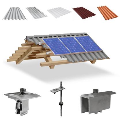 Imagem de Kit Estrutura Suporte Fixador Para 03 Placas Solar Alumínio e Inox Telha Fibro Ondulada em Viga Madeira  Perfil Master