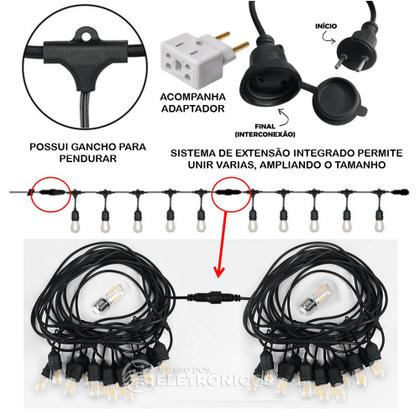 Imagem de Kit Extensão Varal de Luzes 10 Metros + 20 Lâmpadas 1W Retrô Bulbo Com Filamento Em LED KIT018