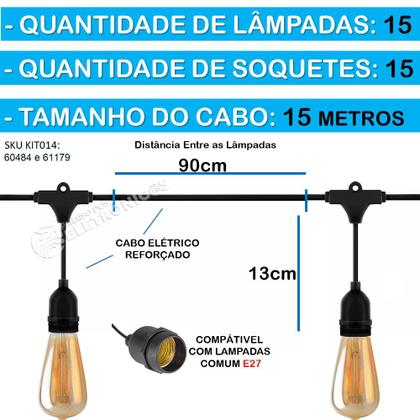 Imagem de Kit Extensão Varal de Luzes 15 Metros + 15 Lâmpadas 4W Retrô Bulbo Com Filamento Em LED KIT014