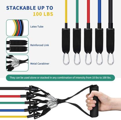 Imagem de Kit Extensor Elástico 11 Peças Exercício Fitness Pilates