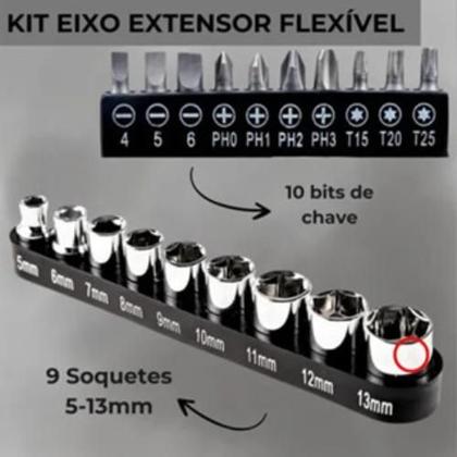 Imagem de Kit Extensor Flexível 21 Peças Eixo Bits Soquetes Universal Cabo Prolongador Para Parafusadeira