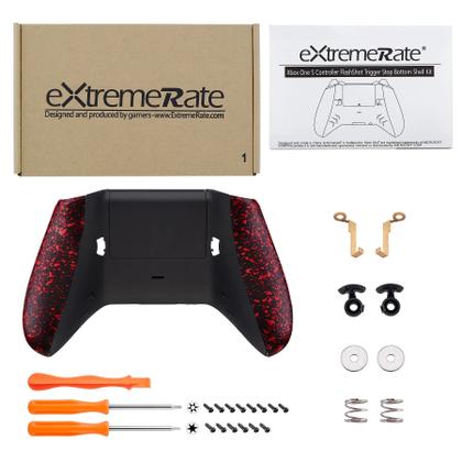 Imagem de Kit ExtremeRate FlashShot Trigger Stop Bottom Shell para controles Xbox One S e One X, capa traseira redesenhada, alças vermelhas texturizadas e gatilho de cabelo para controlador Xbox One S X modelo 1708