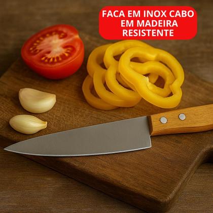 Imagem de Kit Faca De Aço Inox Com Cabo de Madeira N6 E N8 Para Cozinha Churrasco Profissional