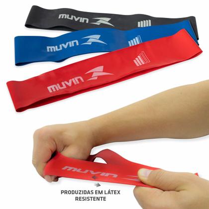 Imagem de Kit Faixa Elástica com 3 Tensões Muvin  150cm x 15cm + Kit Mini Band  3 Tensões - 27,5cm x 5cm
