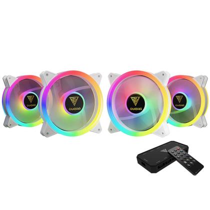 Imagem de Kit Fan com 4 Unidades Gamdias Aeolus, ARGB, White, 120mm, com Controlador, AEOLUS M2-1204R-WH