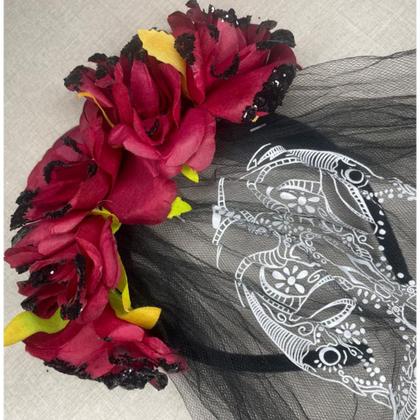 Imagem de Kit Fantasia Criativa Feminina Caveira Mexicana (Tiara + Meia Calça) Halloween Carnaval