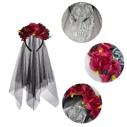 Imagem de Kit Fantasia Criativa Feminina Caveira Mexicana (Tiara + Meia Calça) Halloween Carnaval