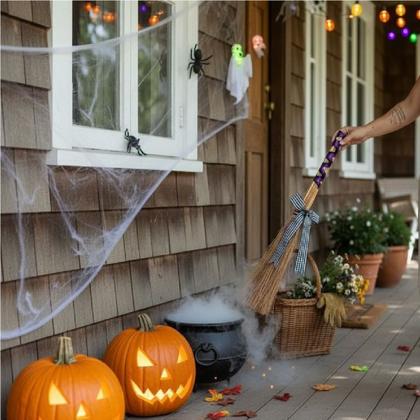 Imagem de Kit Fantasia festa Halloween Bruxa Chapéu + Vassoura 60cm