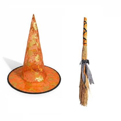 Imagem de Kit Fantasia festa Halloween Bruxa Chapéu + Vassoura 60cm