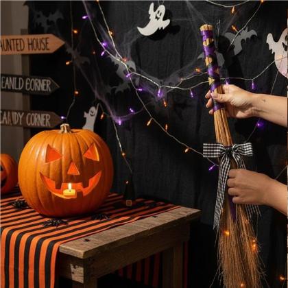 Imagem de Kit Fantasia festa Halloween Bruxa Chapéu + Vassoura 60cm